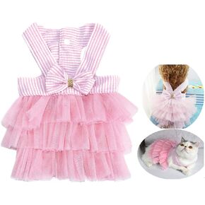 VANVENE Pet Dog Dresses, Striped Mesh Puppy Dog Vest Tutu Princess Dress Skirt with Bowknot for Small Breed Dogs Cats Doggy Apparel Supplies(Pink XL)