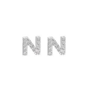 Tiny Sterling Silver Letter N Initial Earrings Studs Cubic Zirconia Diamond Earrings for Women, White Gold Plated