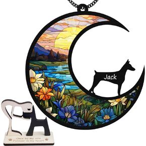 6'' Doberman Pinschers Dog Memorial Suncatcher & Wooden Dog Paw Keychain Personalized Dog Name Ornament Window Hanging Pet of Loss Dog Sympathy Gift for Dog Lovers Car Hanging SCD-B11-6-14