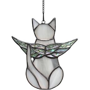 Angel Wing Cat Memorial Gifts for Loss of Cat Sympathy Gift, Cat Iridescent Stained Glass Window and Christmas Hangings (cat-02)