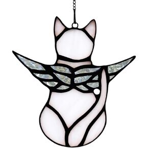 Angel Wing Cat Memorial Gifts for Loss of Cat Sympathy Gift, Cat Iridescent Stained Glass Window and Christmas Hangings (cat-02)