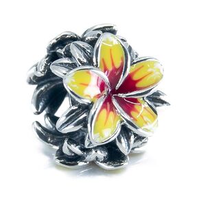 Red and Yellow Tropical Flower Plumeria Frangipani Flower Sterling Silver Charm Bead S925, Hawaiian tropical Flower Bead, Blooming Tropical flower, Enamel Flower Yellow Red Jewellery