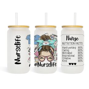 Nurse Life 16oz. Frosted Glass Tumbler with Bamboo Lid and Straw, Mason Glass Jar, Iced Coffee Cup, Gift for Nurses, Messy Bun Nurse Gift