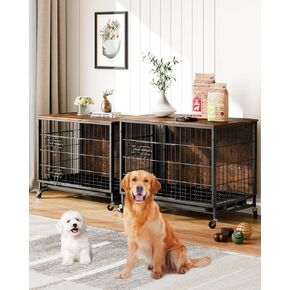 Dog Crate Furniture, 2024 New Furniture Style Dog Crate with Removable Tray and Wheels, Heavy-Duty Double-Doors Dog Cage End Table, 32.5" Wooden Dog Kennel, Indoor Dog House for Large Dogs, Brown