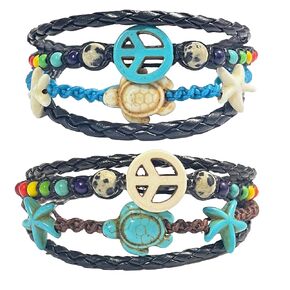 2Pcs Sea Turtle and Star Beads Bracelet - Peace Sign Hemp Bracelet-Raibbow Beads Bracelet Friendship Gifts for Women Men Girls Adjustable Cord