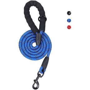 Round Rope Dog Leash 5 FT with Comfortable Padded Handle, Highly Reflective Threads Dog Leash for Medium & Large Dogs, Blue, 5 FT x 1/2 Inch (with O-Ring)