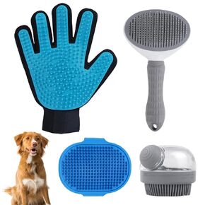 4Pcs Dog Shower Grooming Kit,Soft Silicone Pet Shampoo Massage Dispenser Grooming Shower Brush,Adjustable Soothing Rubber Brush,Self-Cleaning Slicker Comb,Gentle Deshedding Brush Glove for Cats & Dogs