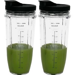 2 Packs Replacement 32OZ Cups With Spout Lids,950ML(32oz) Measuring Scale Cup Mug, FIT FOR ALL Nutri Ninja Pro and Nutri Ninja Auto IQ Series Blenders (2, 27)