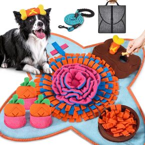 Snuffle Mat for Dogs Large Breeds 28''X28'' Dog Snuffle Mat with Dog Leash, Nosework Interactive Sniffing Mat for Dogs Cats Rabbits, Slow Feeding Mat for Foraging and Stress Relief, Blue