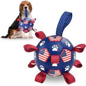 4th July Theme Soccer Ball Dog Toy with Straps Dog Interactive Play Balls for Tug of War USA Independence Day Dog Soccer Ball for Small Medium Big Size Dog (8 inches) M