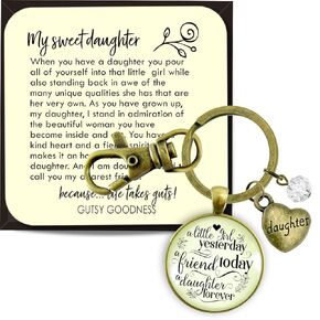 To My Daughter Keychain From Dad Father A Little Girl Yesterday Inspirational Jewelry for Women Key Chain - Handmade Glass Meaningful Pendant Bronze Heart Charm, Affectionate Message Card & Gift Box