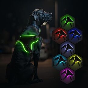 Light Up Dog Harness No Pull Dog Harness Rechargeable Lighted Pet Vest Harness for Night Walking, Reflective Dog Vest Glow Dog Collar, Adjustable Soft Padded Leash, 7 Colors Changing, 3 LED Modes