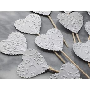 White Heart Cupcake Toppers French Lace Embossed Food Picks - Party Picks - Wedding Appetizer Picks (Set of 24)