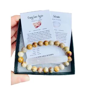 Crystal Crazy Lace Agate 8 mm Round Bead Stretch Bracelet ~ Gift Set with Complimentary Selenite ~ Semi-Precious Gemstone ~ 7.25-7.50 Inches ~ Unisex ~ Reiki ~ Metaphysical ~ Meditation Crystals