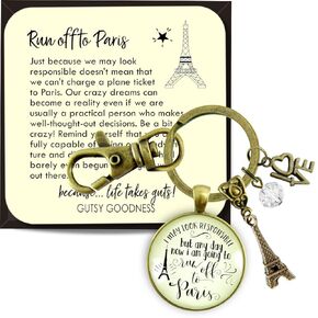 Paris Keychain I May Run Off Adventure Fashion Jewelry For Women Key Ring - Handmade Bronze Dream of Paris Themed Travel Quote Pendant, Chic Eiffel Tower Charm, Gift Package France Message Card & Box