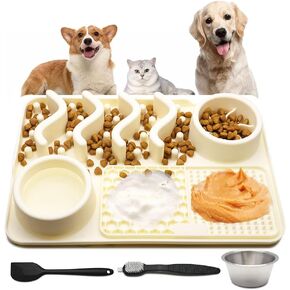 Silicone Lick Feeding Mat for Dogs Cats Slow Feeder Food Stimulating Puzzle Activity Anxiety Relief Pet Mats with Water Bowl&Brush (Beige)