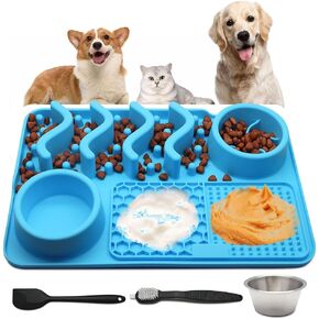 Silicone Lick Feeding Mat for Dogs Cats Slow Feeder Food Stimulating Puzzle Activity Anxiety Relief Pet Mats with Water Bowl&Brush (Beige)