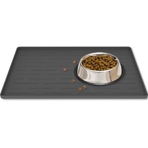 Dog Food Mat, 16"x10" Silicone Dog and Cat Mat for Food and Water Bowls, Waterproof Raised Edge Pet Feeding Mat for Contain Spills Protects Floors, Multiple Colors & Sizes for Pets (Dark Gray)