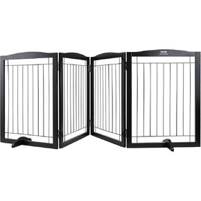 VEVOR Free Standing Dog Gate, Wooden Freestanding Pet Gate 32" H x 96" W, 4 Panels Foldable Dog Gate for Wide and Narrow Passageways, Expandable Dog Barrier with Silent Foot Support for Indoor, Brown
