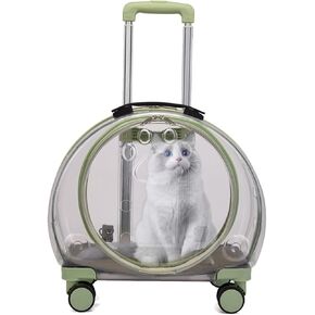 Cat Carrier with Wheels, Acrylic Rolling Cat Carrier, Retractable Pull Rods and Swivel Wheels, Comfortable and Breathable Pet Trolley Case Pet Carrier for Small Pets Kittens Dogs Rabbits(Light Green)