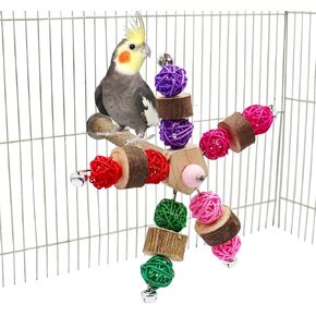 Bird Perch Toy with Rotating Bell and Takraw Balls, Bird Chewing Toys, Bird Cage Accessories, Suitable for Birds Cockatiel Parakeets Parrots Budgies Lovebird Conures