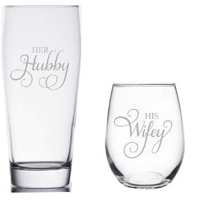 C & M Personal Gifts Stemless Glasses Set (Set of 2) Her Hubby and His Wifey Etched Beer Glass and Wine Glass Combo