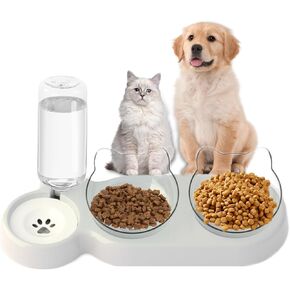 Dog Food Bowl - 2 in 1 Double Cat Bowls Pets Water Cat Food Bowl Set 15°Tilted Cat Feeding Bowl Automatic Double Dog Bowls with Water Dispenser Detachable Water Bowl Set for Small Dog &Cat-Green