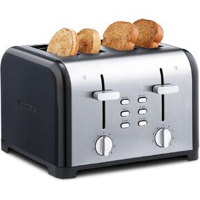 Kenmore 4-Slice Stainless Steel Toaster, Black & Silver, Dual Controls, Extra Wide Slots, Bagel & Defrost, 9 Browning Levels, Removable Crumb Trays, For Bread, Toast, English Muffin, Toaster Strudel
