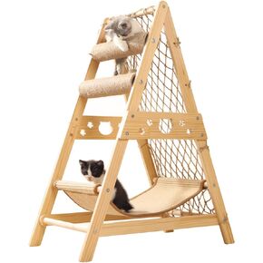 34'' H Wooden Cat Tree, Triangle Design with Cat Hammock & Sisal Scratch Post & Feather Toys, Solid Wood Cat Tower for Kitten or Small Cat