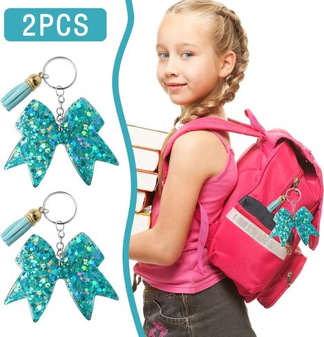 سلسلة مفاتيح لامعة على شكل فيونكة - سلاسل مفاتيح ساحرة للفتيات ملحقات حقيبة الظهر التشجيعية، هدية مبهجة لقادة المشجعين وأعضاء الفريق - أزرق فاتح/قطعتين in Kuwait