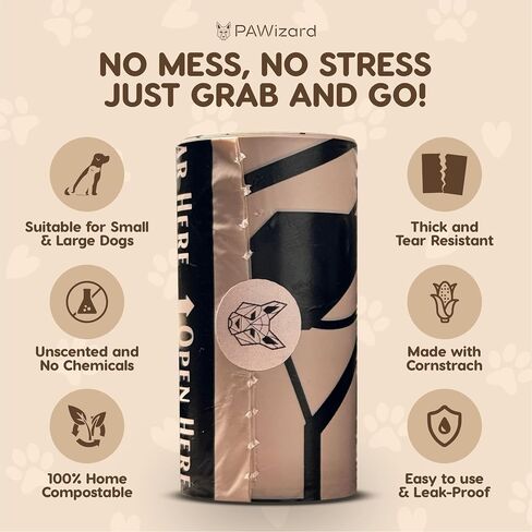 100% Home Compostable, 300 Count, Poop Bags For Dogs with Leash Dispenser, 2-in-1, Thick, Unscented Dog Waste Bags, Leak Proof Pet Garbage Bag for Walks with Holder (Beige) in Saudi Arabia