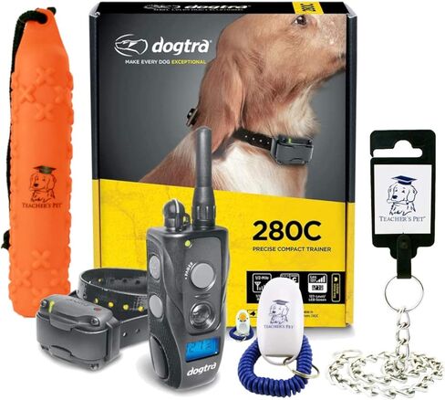 Dogtra 280C مقاوم للماء على مستوى 127 مستوى، ½ ميل، طوق إلكتروني للتدريب عن بعد مع مجموعة تدريب كاملة للحيوانات الأليفة للمعلم مع جهاز نقر، سلسلة من الفولاذ المقاوم للصدأ ومصد دمية للصيد مقاس واحد in Kuwait