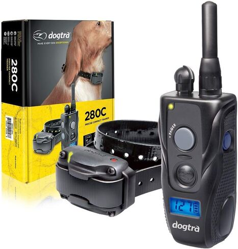 Dogtra 280C مقاوم للماء على مستوى 127 مستوى، ½ ميل، طوق إلكتروني للتدريب عن بعد مع مجموعة تدريب كاملة للحيوانات الأليفة للمعلم مع جهاز نقر، سلسلة من الفولاذ المقاوم للصدأ ومصد دمية للصيد مقاس واحد in Kuwait