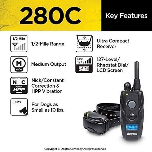 Dogtra 280C مقاوم للماء على مستوى 127 مستوى، ½ ميل، طوق إلكتروني للتدريب عن بعد مع مجموعة تدريب كاملة للحيوانات الأليفة للمعلم مع جهاز نقر، سلسلة من الفولاذ المقاوم للصدأ ومصد دمية للصيد مقاس واحد in Kuwait