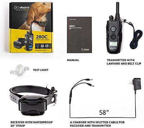 Dogtra 280C مقاوم للماء على مستوى 127 مستوى، ½ ميل، طوق إلكتروني للتدريب عن بعد مع مجموعة تدريب كاملة للحيوانات الأليفة للمعلم مع جهاز نقر، سلسلة من الفولاذ المقاوم للصدأ ومصد دمية للصيد مقاس واحد in Kuwait