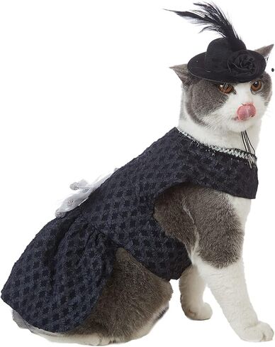 فستان القطط الفاخرة، فساتين سوداء للقطط مع قبعة، ملابس الحيوانات الأليفة وفيونكة، تنانير زفاف لطيفة للقطط (S) in Kuwait