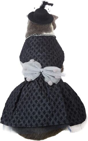 فستان القطط الفاخرة، فساتين سوداء للقطط مع قبعة، ملابس الحيوانات الأليفة وفيونكة، تنانير زفاف لطيفة للقطط (S) in Kuwait