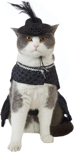 فستان القطط الفاخرة، فساتين سوداء للقطط مع قبعة، ملابس الحيوانات الأليفة وفيونكة، تنانير زفاف لطيفة للقطط (S) in Kuwait