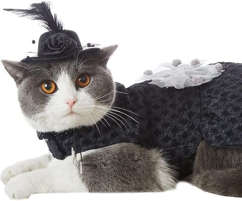 فستان القطط الفاخرة، فساتين سوداء للقطط مع قبعة، ملابس الحيوانات الأليفة وفيونكة، تنانير زفاف لطيفة للقطط (S) in Kuwait