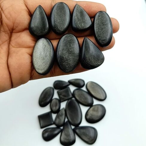 SGM Shop™ Natural Silver Sheen Obsidian Cabochon Loose Gemstone Flat Back Mix A+ Quality For Jewelry Making, Crafts & DIY, Wedding Gift, Healing Chakra, Wire Wrapping Crystals-3 Pcs in Saudi Arabia