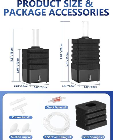 Aquarium Bio Sponge Filter Kit, Super-Quiet Submersible Fish Tank Foam Filter with 1 Spare Sponge and Full Accessories, Suits Tanks Within 20 Gallon (S Kit/2 Pack) in Saudi Arabia