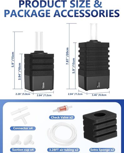 Aquarium Bio Sponge Filter Kit, Super-Quiet Submersible Fish Tank Foam Filter with 1 Spare Sponge and Full Accessories, Suits Tanks Within 20 Gallon (S Kit/2 Pack) in Saudi Arabia