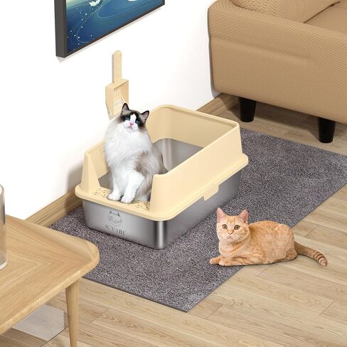 Stainless Steel Cat Litter Box with High Sides Lid, Extra Large XL Litter Box for Big Cats,Open Top Metal Kitty Litter Box with Anti-Leakage Enclosure, Non-Stick, Odorless,Scoop Included (Beige) in Saudi Arabia