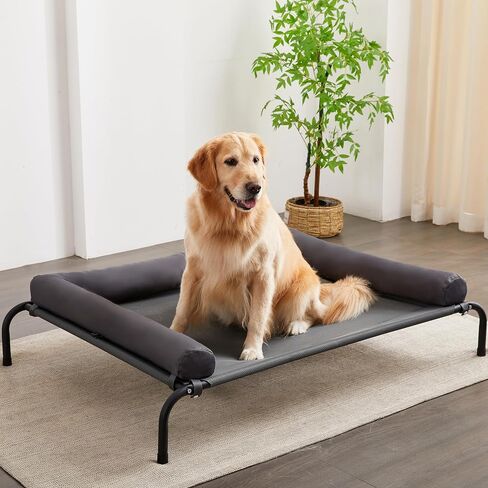 Cooling Elevated Dog Bed with Pillows,Portable Washable Raised Dog Cot Bed with Chew Proof Mesh and Metal Frame,No-Slip Rubber Feet for Indoor & Outdoor Use,Large,Deep Grey in Kuwait