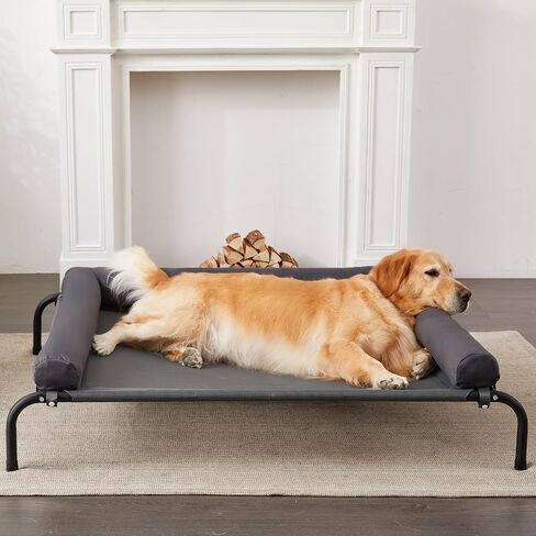 Cooling Elevated Dog Bed with Pillows,Portable Washable Raised Dog Cot Bed with Chew Proof Mesh and Metal Frame,No-Slip Rubber Feet for Indoor & Outdoor Use,Large,Deep Grey in Kuwait
