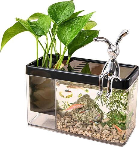 Fish Tank Betta Fish Bowl, Plastic Fish Bowl Mini Fish Tank Desktop Cube Tank with Decorative Rabbits, for Betta Fish Plants Home Office Decoration Gifts in Saudi Arabia