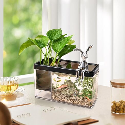 Fish Tank Betta Fish Bowl, Plastic Fish Bowl Mini Fish Tank Desktop Cube Tank with Decorative Rabbits, for Betta Fish Plants Home Office Decoration Gifts in Saudi Arabia