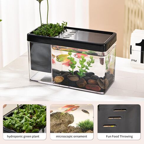 Fish Tank Betta Fish Bowl, Plastic Fish Bowl Mini Fish Tank Desktop Cube Tank with Decorative Rabbits, for Betta Fish Plants Home Office Decoration Gifts in Saudi Arabia