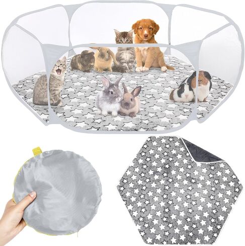 Hamster Playpen with Mat Small Animal Cage Tent Breathable Transparent Guinea Pig Playpen Waterproof Portable Yard Fence Mat Foldable Exercise Playpen Outdoor Indoor (Pink,Star) in Saudi Arabia