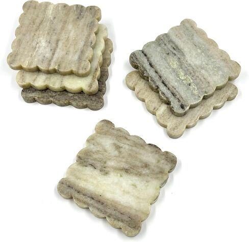 Décor Envogue Brown Marble Scalloped Coasters Set of 6 - Luxury Aesthetic Modern Drink Coasters for Coffee Table- White Scalloped Cup Coasters - Real Natural Semi Absorbent Stone Coasters in Saudi Arabia